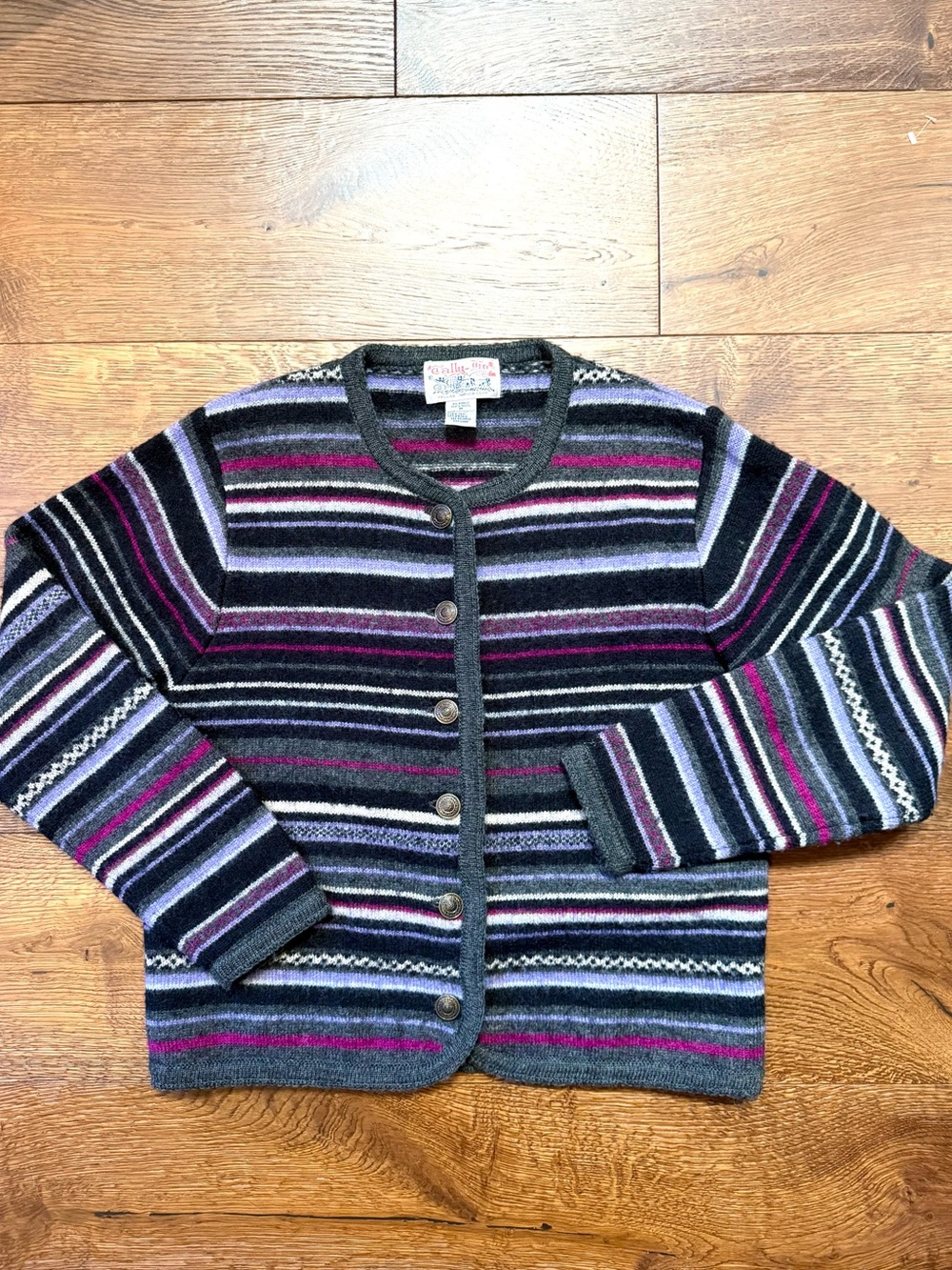 Tally Ho Wool Cardigan Striped in Charcoal, Purple & Pink